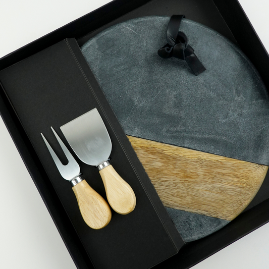 TABLA CIRCULAR DE MARMOL NEGRO Y MADERA DE MANGO - Casa CMK
