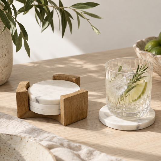 SET POSAVASOS MARMOL EN BASE DE MADERA DE MANGO - Casa CMK