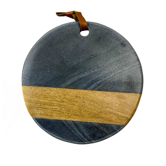 TABLA CIRCULAR DE MARMOL NEGRO Y MADERA DE MANGO - Casa CMK