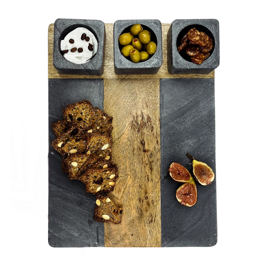 TABLA VERONA DE MARMOL NEGRO Y MADERA CON CUENCOS - Casa CMK