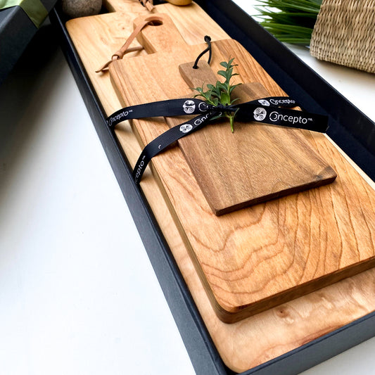 CAJA TRIO DE TABLAS DE MADERA DE MANGO CUENCOS DE PIEDRA - Concepto MK