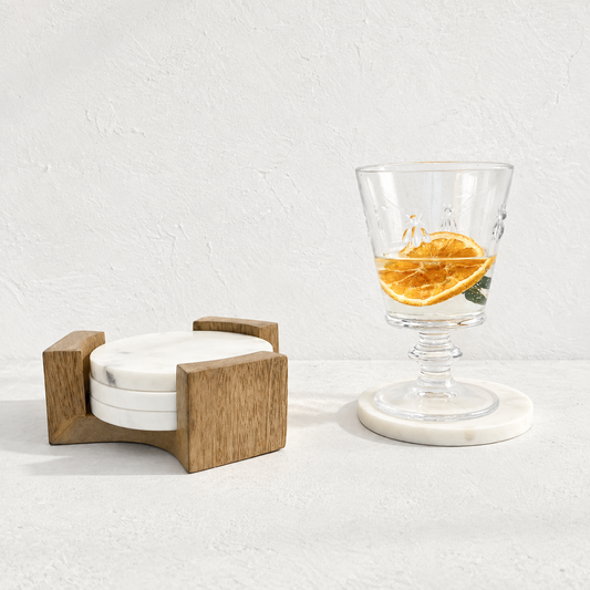 SET POSAVASOS MARMOL EN BASE DE MADERA DE MANGO - Casa CMK