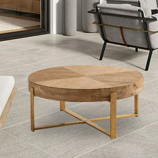 MESA  MADERA REDONDA PATAS DORADAS - Casa CMK
