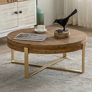 MESA  MADERA REDONDA PATAS DORADAS - Casa CMK