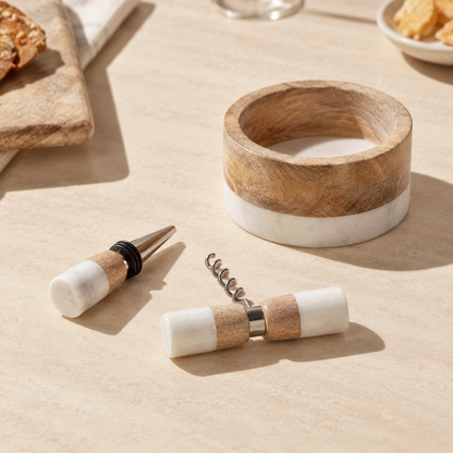 SET VINO  3 PIEZAS MARMOL MADERA
