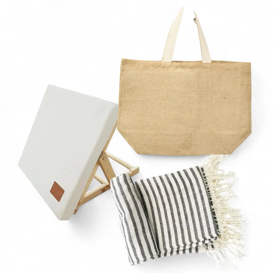 SET PLAYA, TOALLA TURCA + RESPALDO ARENERO EN BOLSA YUTE