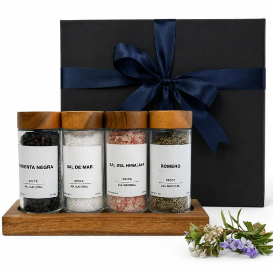 SET ESPECIEROS TAPA MADERA + CONDIMENTOS EN CAJA REGALO