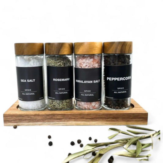 SET ESPECIEROS TAPA MADERA + CONDIMENTOS EN CAJA REGALO