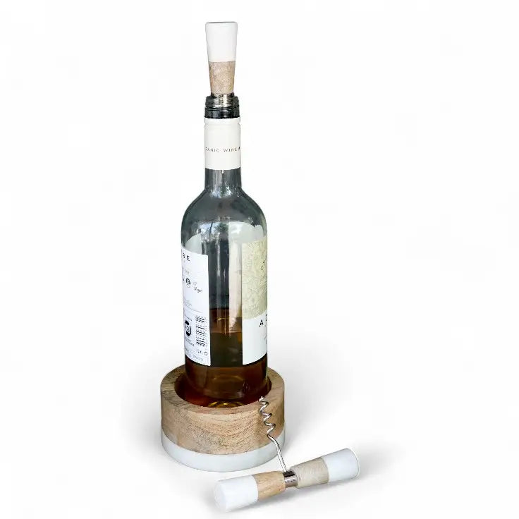 SET VINO  3 PIEZAS MARMOL MADERA